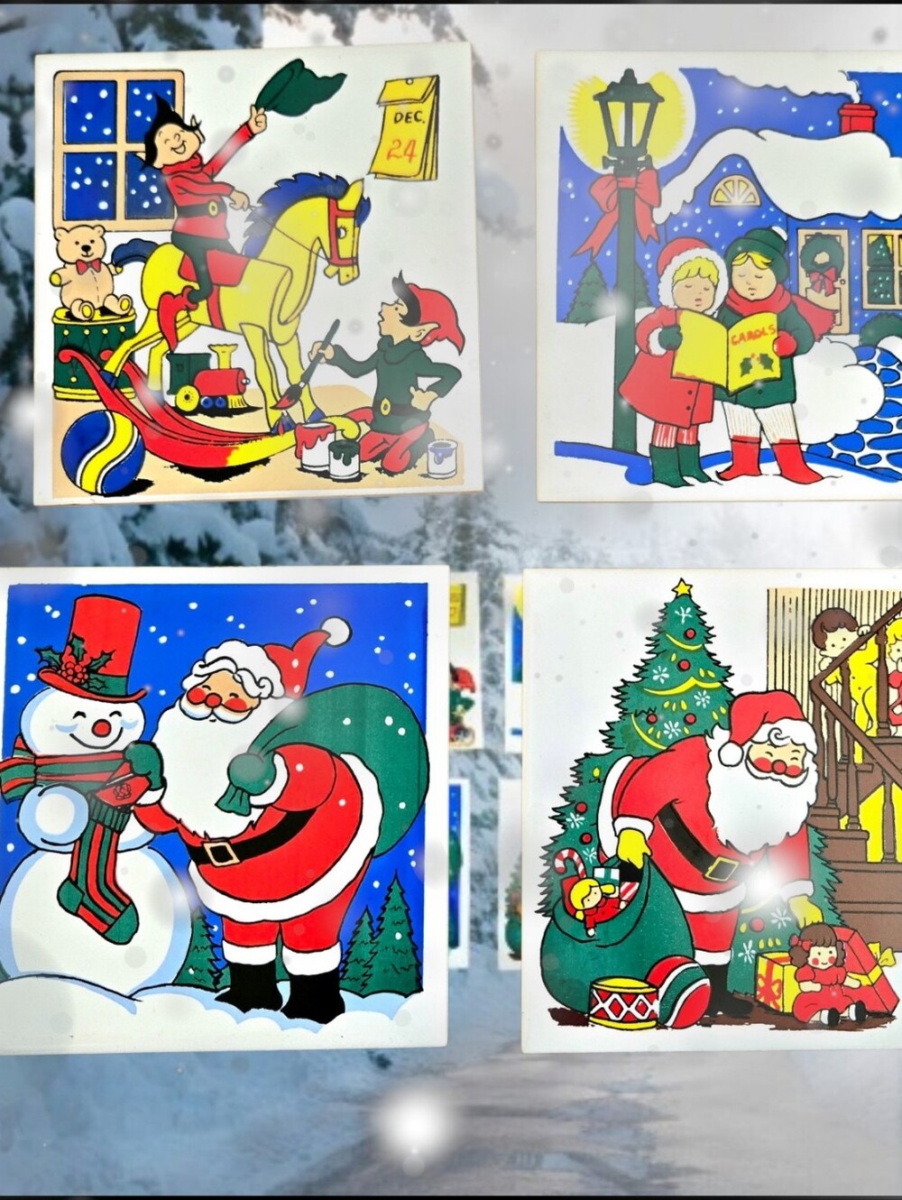 Set of Four Vintage 80s Christmas Tile Trivets Santa & Children Bright Colorful